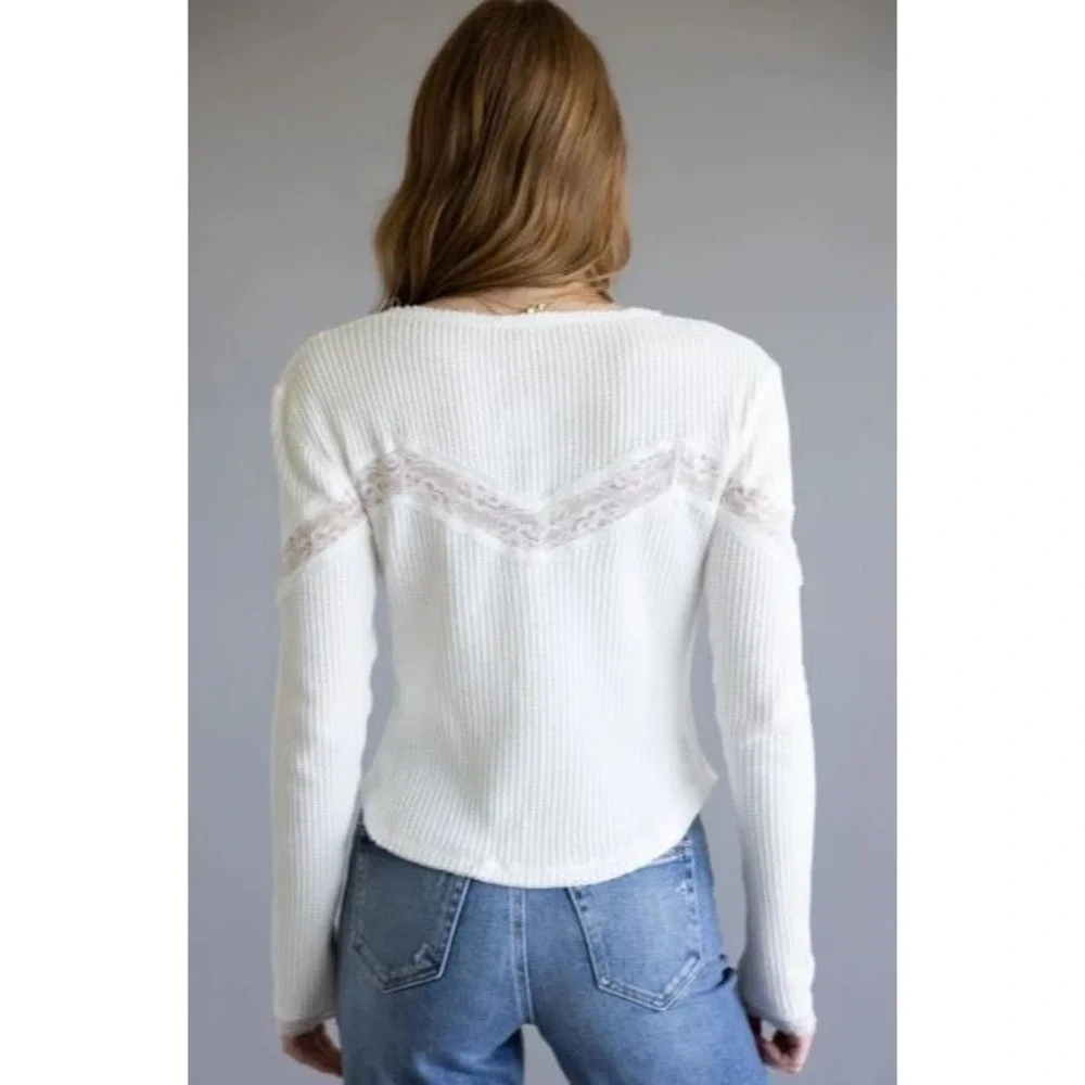 Free People Size M Cotton Lets Party Cardi Lace Top White Waffle Knit Lace Trim
